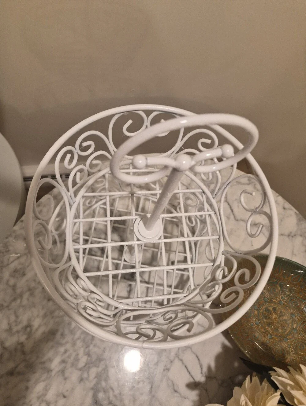 White Metal Scrollwork Princess  2-Tiered Basket Fruit Bowl Holder Decor